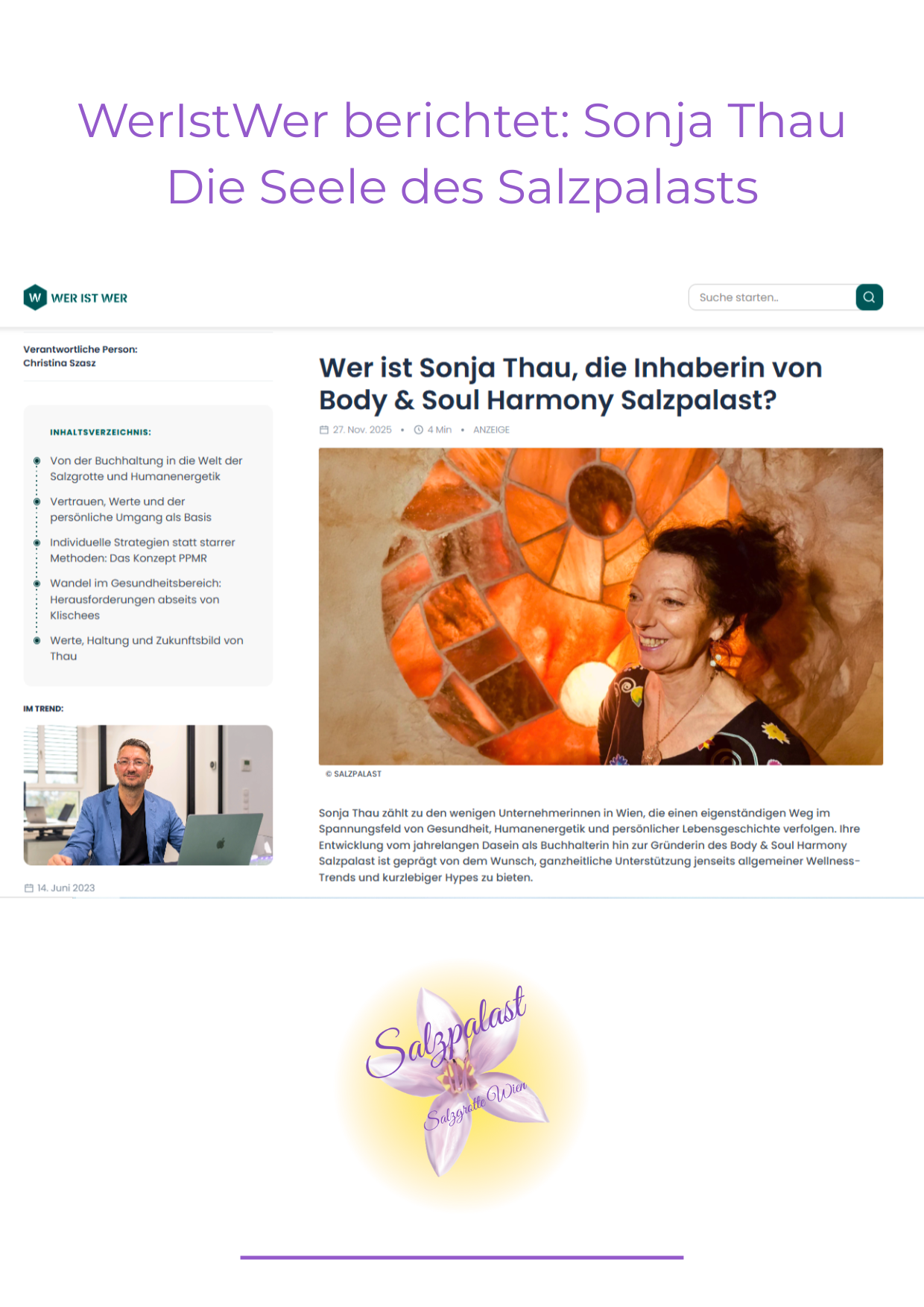 Pressebericht WerIstWer über Sonja Thau und den Salzpalast in Wien